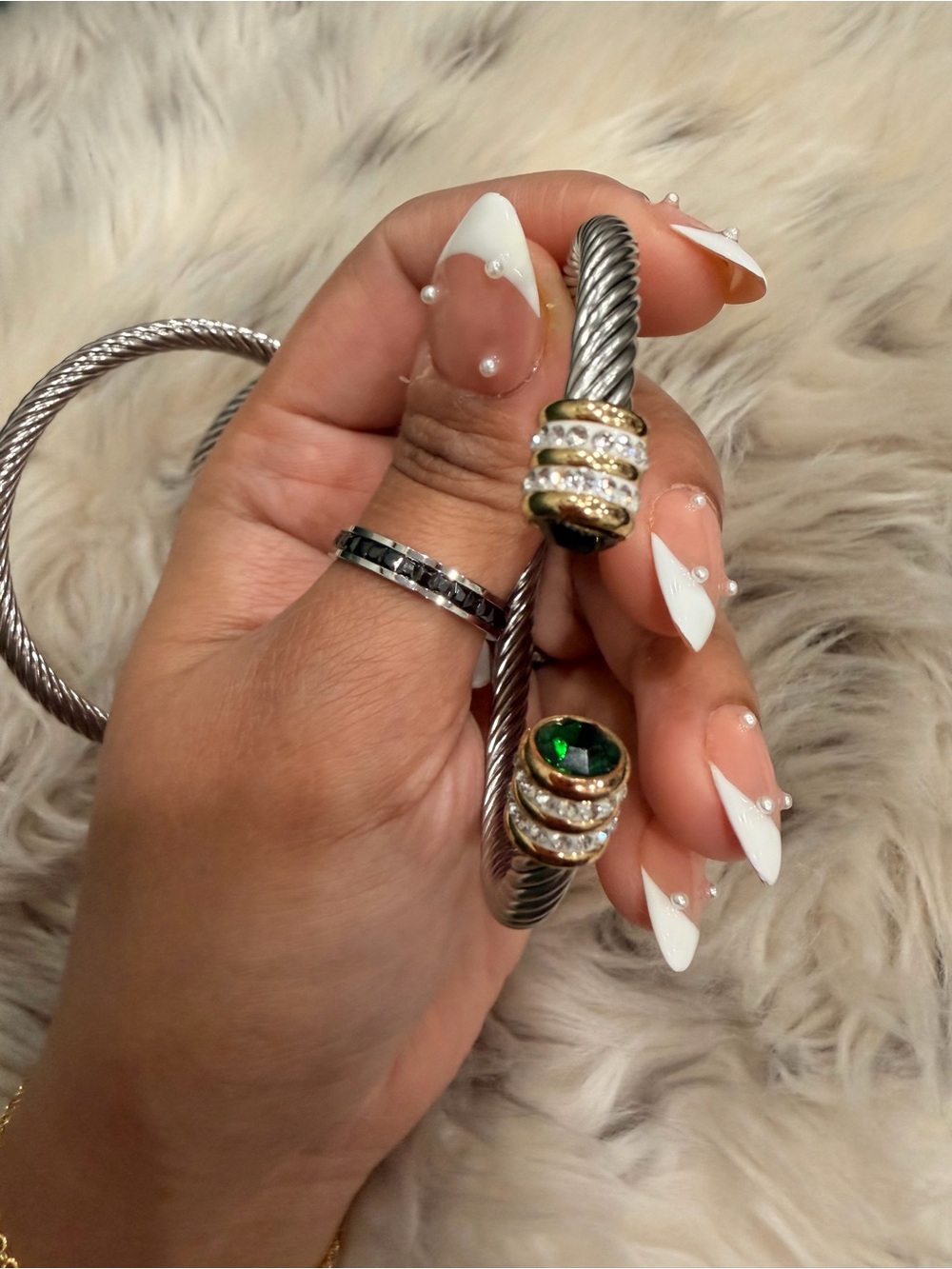 Sterling-Style Silver Cable Cuff Bracelet with Gold Accents and Green Stone